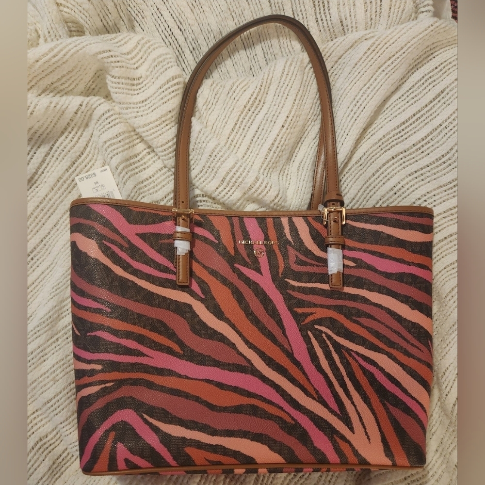 Bright Red Pink and Brown Michael Kors Large tote